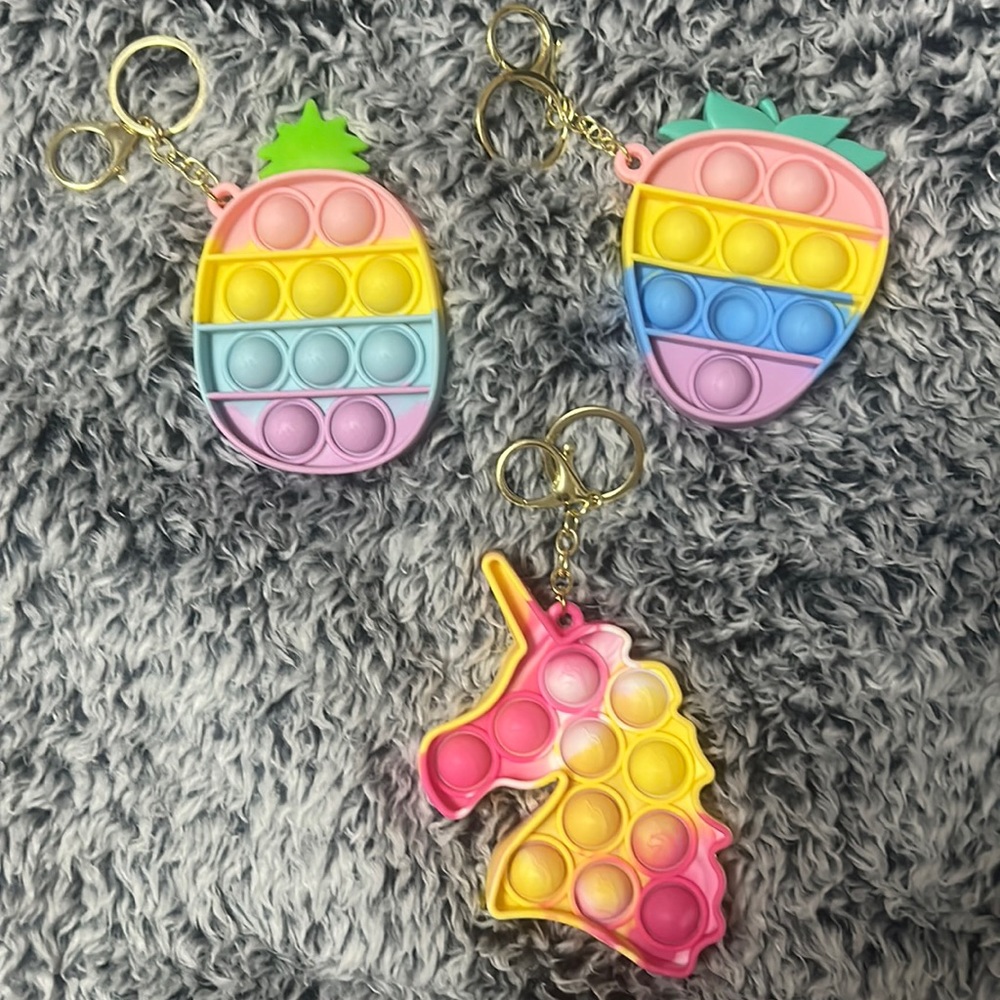 Lot of 3 push pop fidget sensory toys with keychains